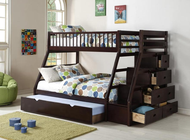 Happy Espresso Twin over Full Staircase Bunk Bed with Trundle