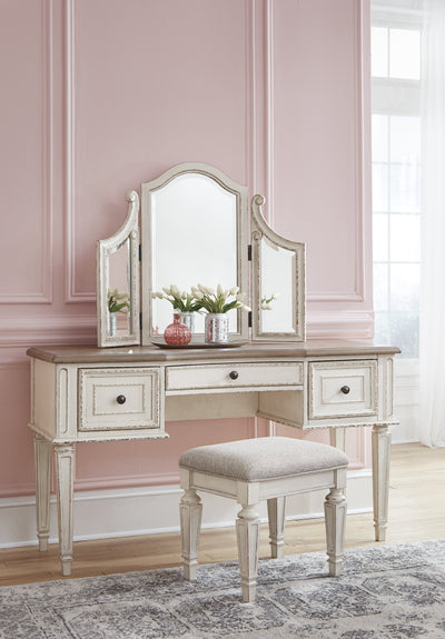 Realyn Chipped White Vanity Set with Stool