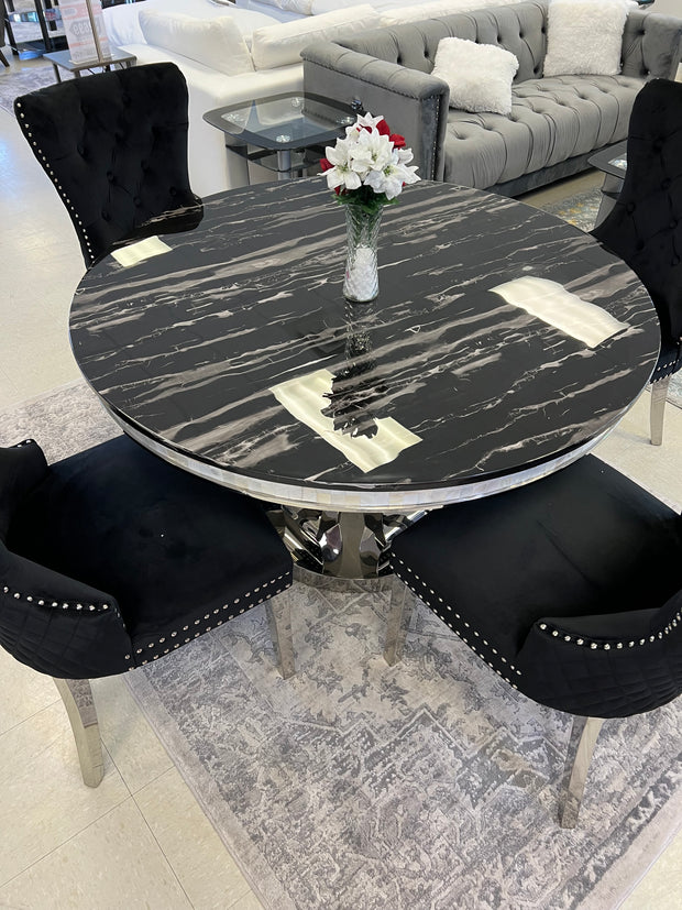 Anchorage Round Dining Table Chrome and Black Marble + 4 Chair