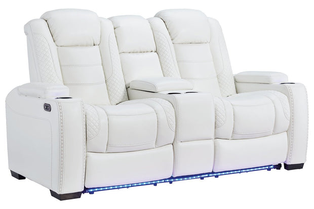 Party Time White Power Reclining Loveseat with Console