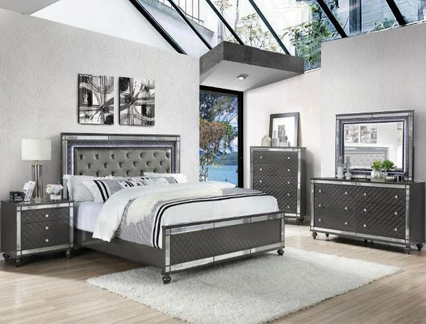 velvet grey dresser ACME Dante Crystal-Like Knob Velvet Upholstered 7-Drawer Dresser in Gray