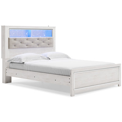 Altyra White Upholstered Bookcase LED Queen Panel Bed