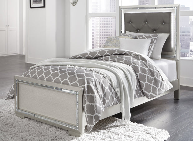 Lonnix Silver Twin LED Upholstered Panel Bed