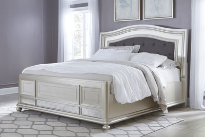 Coralayne Silver Upholstered King Panel Bed