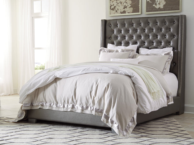 Coralayne Gray Upholstered King Panel Bed