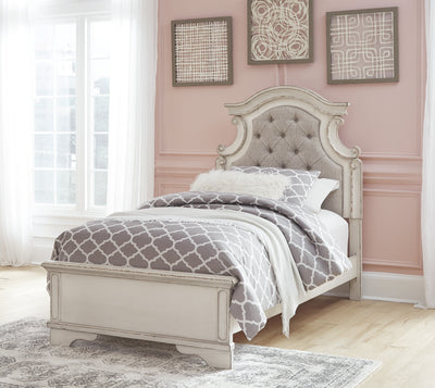 Realyn Chipped White Twin Upholstered Bed