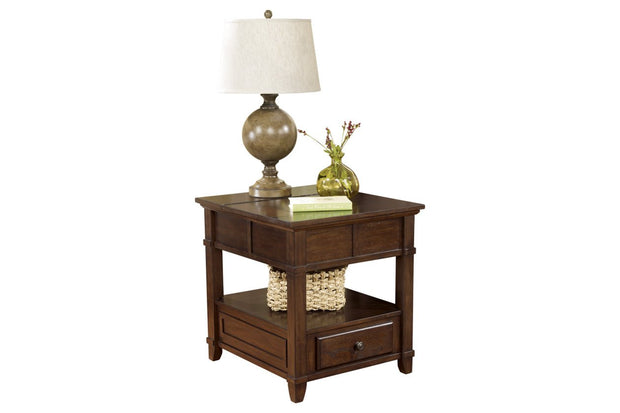Gately Medium Brown End Table with Storage & Power Outlets