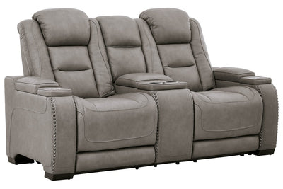 The Man-Den Gray Power Reclining Loveseat with Console