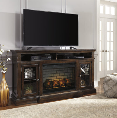 Roddinton Dark Brown XL TV Stand w/Fireplace Option