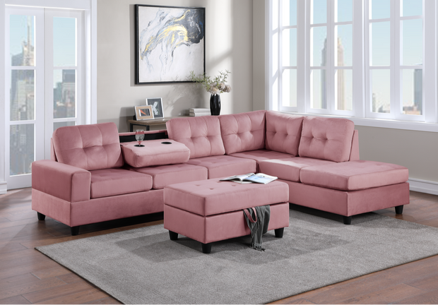 Heights Pink Velvet Reversible Sectional with Storage Ottoman ***