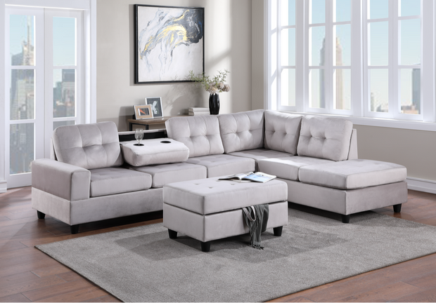 Heights Silver Velvet Reversible Sectional with Storage Ottoman ***
