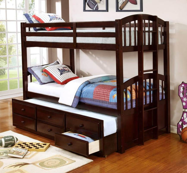 Happy Espresso Twin Over Twin Bunk Bed with Storage Drawers and Twin Trundle