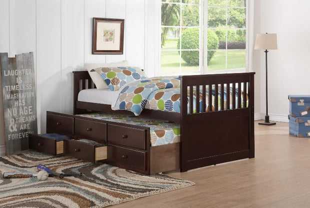Happy Espresso Full Captain Bed with Storage Drawers & Twin Trundle