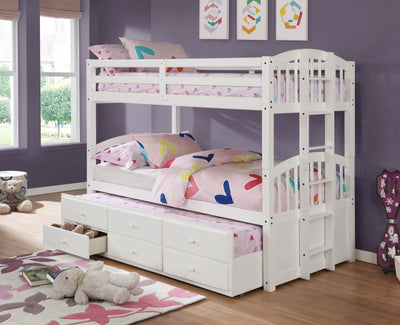 Happy White Twin Over Twin Bunk Bed with Storage Drawers and Twin Trundle