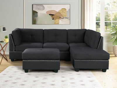 Sienna Black Linen Sectional with Ottoman
